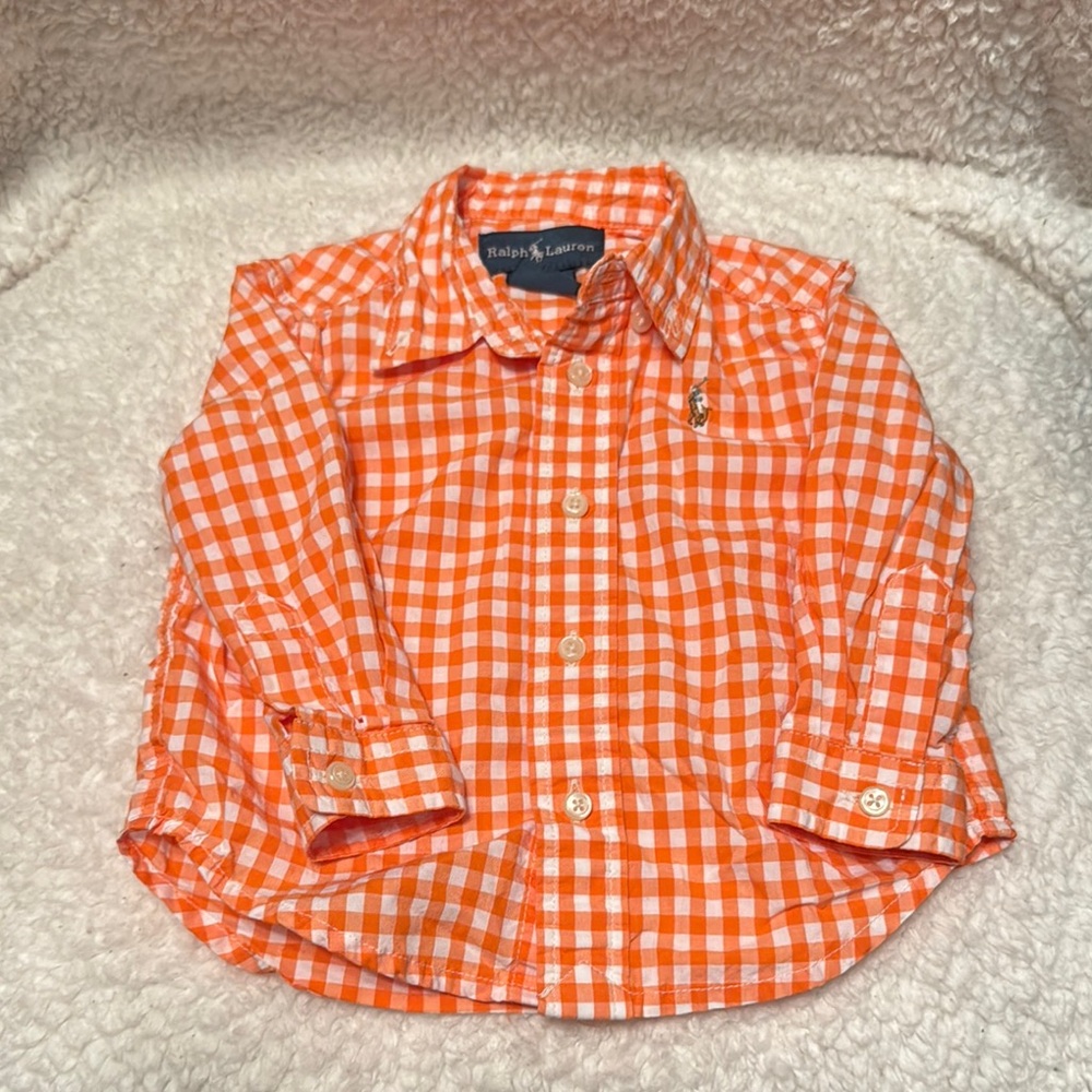 Ralph Lauren Orange Gingham Button Down Shirt size 9 months